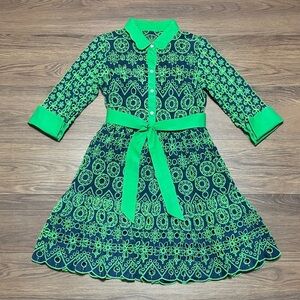 Gretchen Scott Designs Vibrant Green and Navy Midi Dress Size: Small